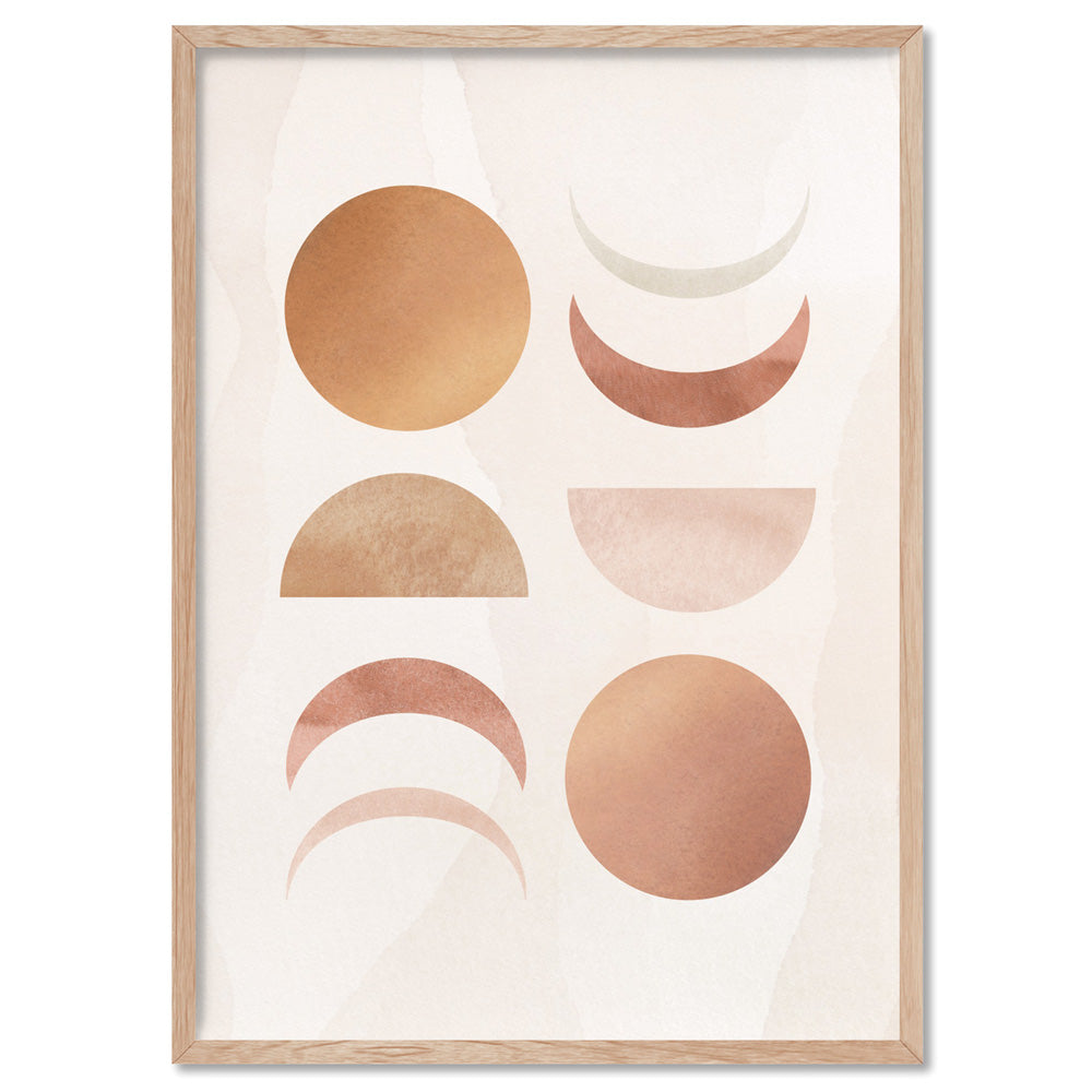 Boho Sun Moon Phases in Watercolour I - Art Print, Poster, Stretched Canvas, or Framed Wall Art Print, shown in a natural timber frame
