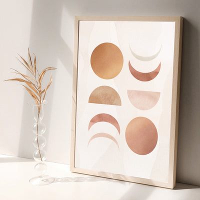 Boho Sun Moon Phases in Watercolour I - Art Print, Poster, Stretched Canvas or Framed Wall Art Prints, shown framed in a room