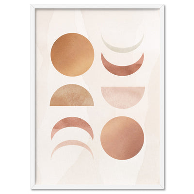 Boho Sun Moon Phases in Watercolour I - Art Print, Poster, Stretched Canvas, or Framed Wall Art Print, shown in a white frame
