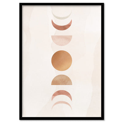 Boho Sun Moon Phases in Watercolour II - Art Print, Poster, Stretched Canvas, or Framed Wall Art Print, shown in a black frame