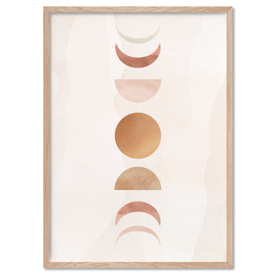 Boho Sun Moon Phases in Watercolour II - Art Print, Poster, Stretched Canvas, or Framed Wall Art Print, shown in a natural timber frame