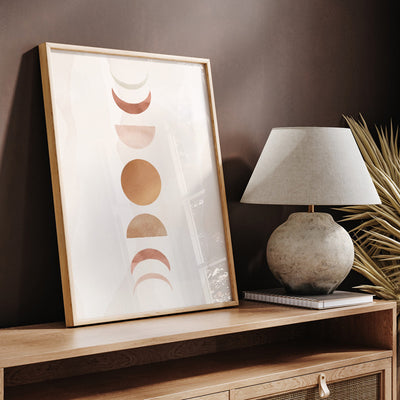 Boho Sun Moon Phases in Watercolour II - Art Print, Poster, Stretched Canvas or Framed Wall Art Prints, shown framed in a room