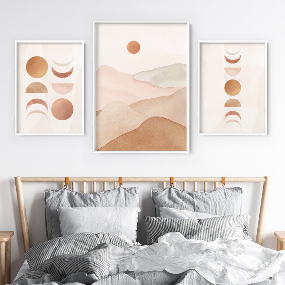 Boho Sun Moon Phases in Watercolour II - Art Print, Poster, Stretched Canvas or Framed Wall Art, shown framed in a home interior space