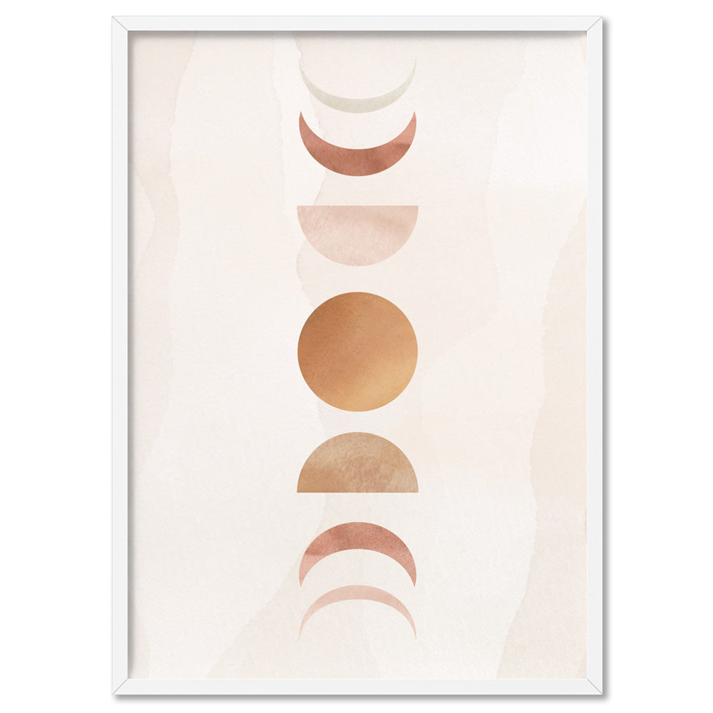 Boho Sun Moon Phases in Watercolour II - Art Print, Poster, Stretched Canvas, or Framed Wall Art Print, shown in a white frame