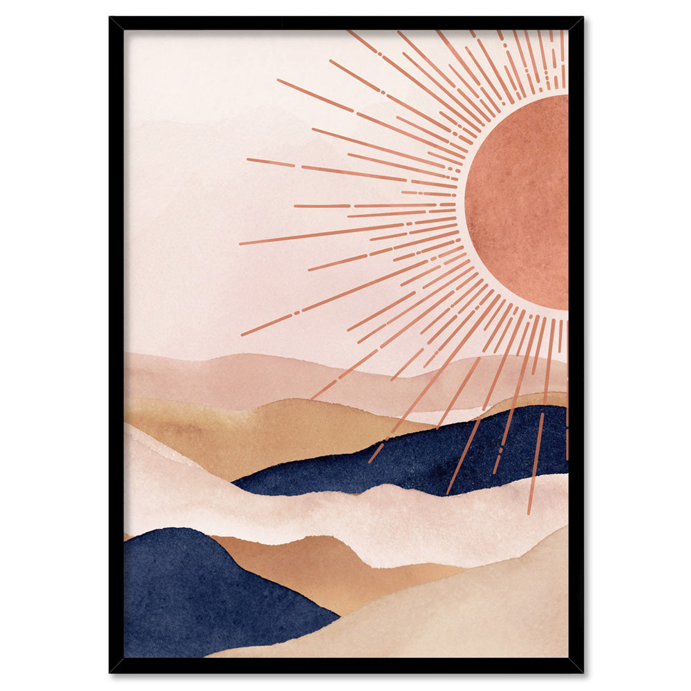 Boho Sun in Watercolour - Art Print, Poster, Stretched Canvas, or Framed Wall Art Print, shown in a black frame