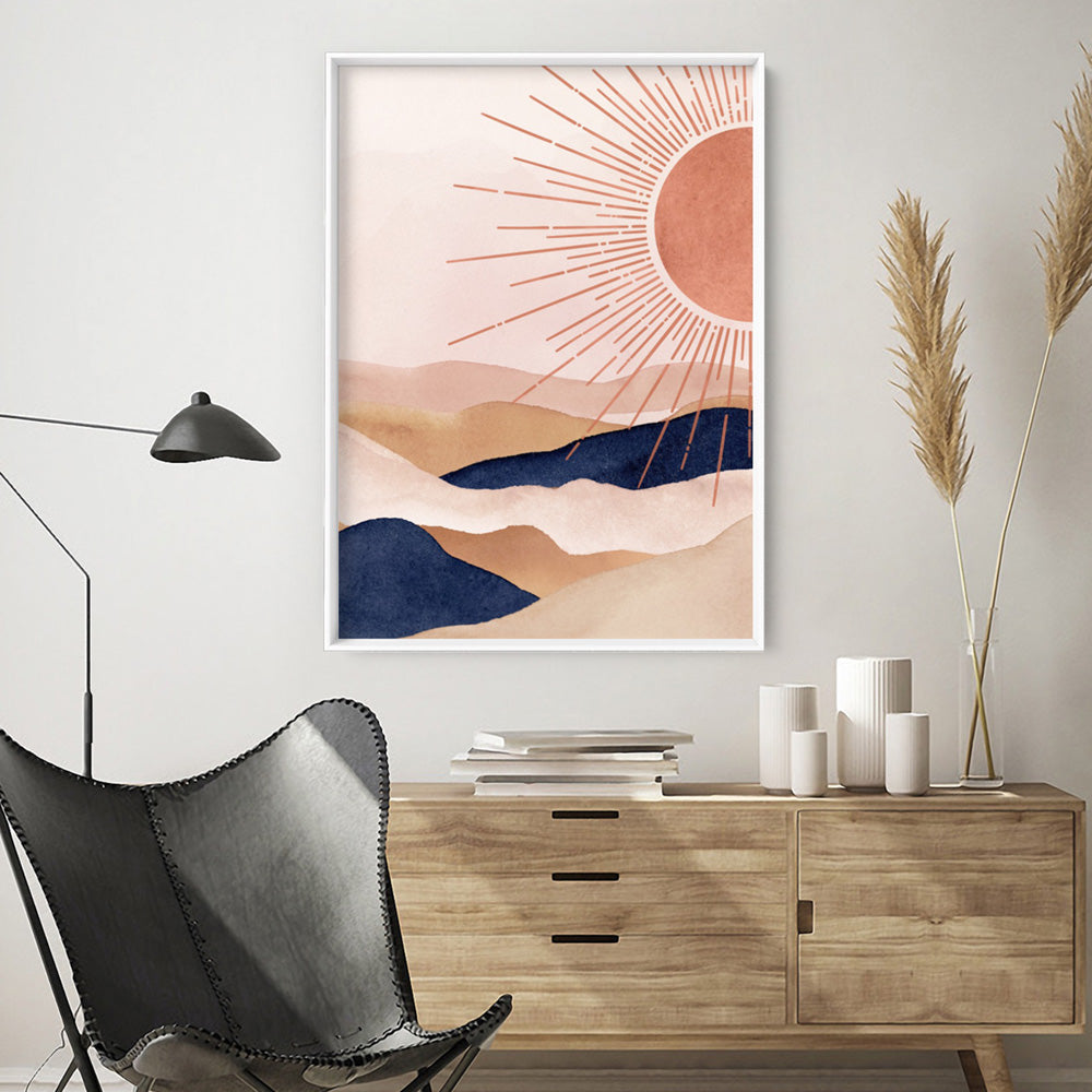 Boho Sun in Watercolour - Art Print, Poster, Stretched Canvas or Framed Wall Art Prints, shown framed in a room
