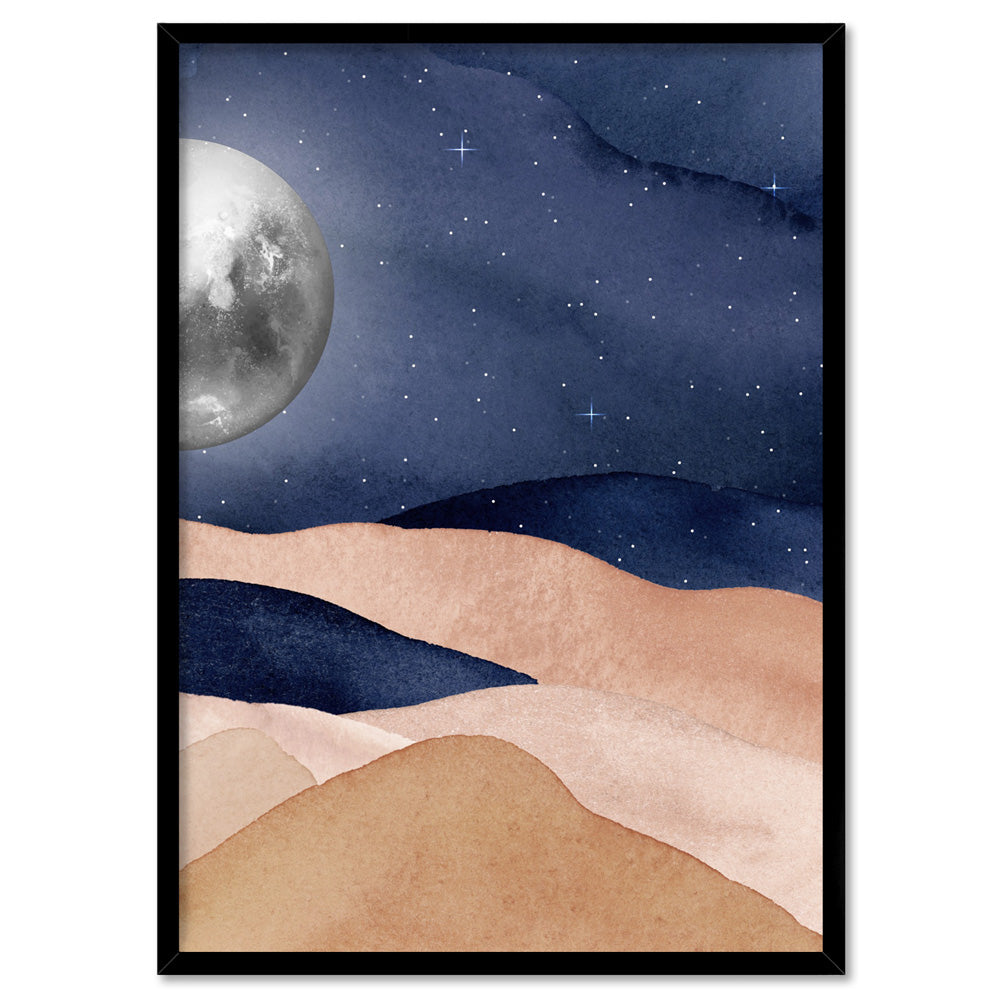 Boho Moon in Watercolour - Art Print, Poster, Stretched Canvas, or Framed Wall Art Print, shown in a black frame