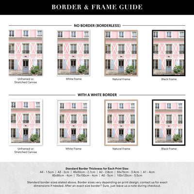 Pink House in France - Art Print by Victoria's Stories, Poster, Stretched Canvas or Framed Wall Art, Showing White , Black, Natural Frame Colours, No Frame (Unframed) or Stretched Canvas, and With or Without White Borders