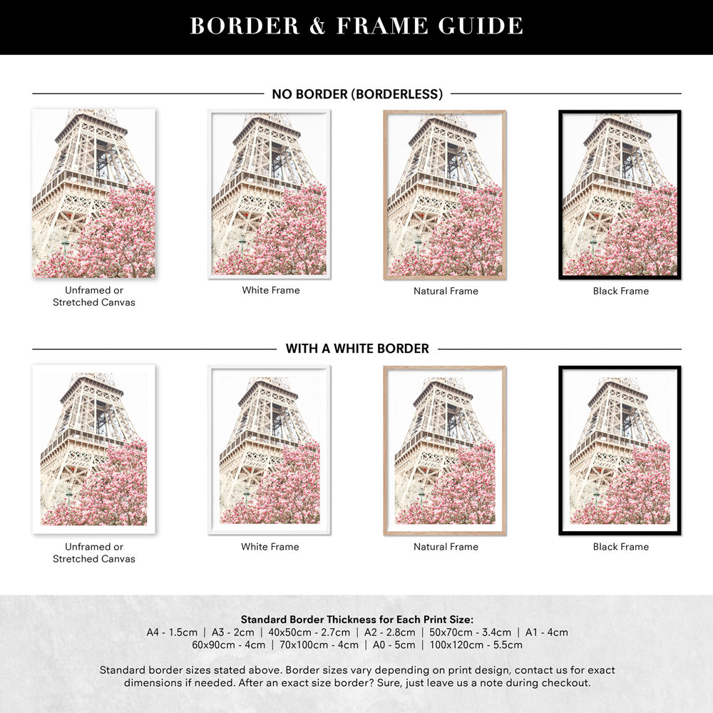 Eiffel Tower Paris | Cherry Blossom I - Art Print by Victoria's Stories, Poster, Stretched Canvas or Framed Wall Art, Showing White , Black, Natural Frame Colours, No Frame (Unframed) or Stretched Canvas, and With or Without White Borders