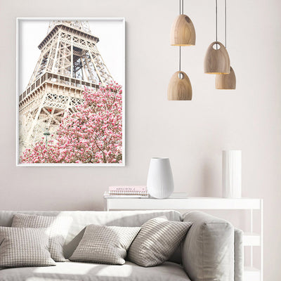 Eiffel Tower Paris | Cherry Blossom I - Art Print by Victoria's Stories, Poster, Stretched Canvas or Framed Wall Art Prints, shown framed in a room