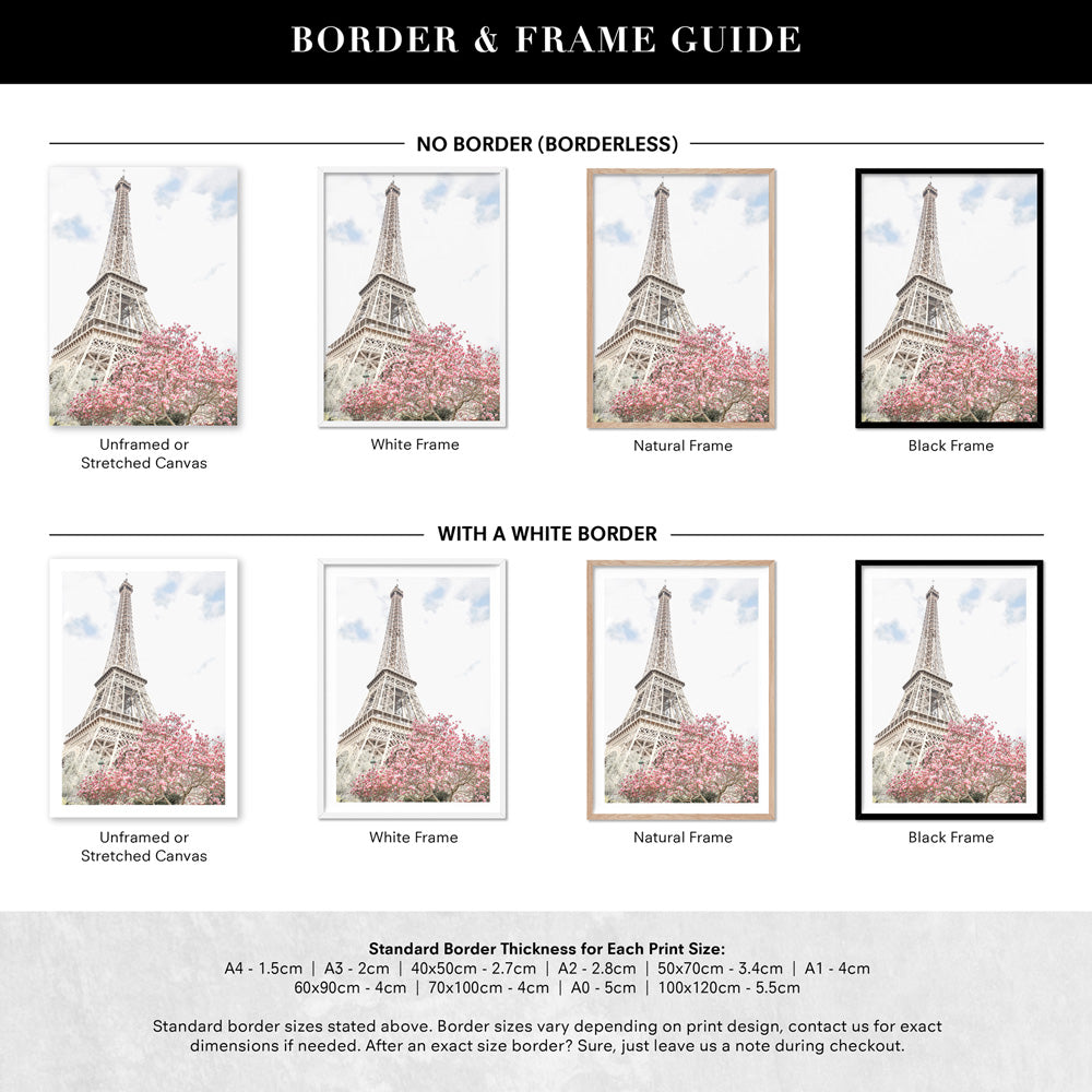 Eiffel Tower Paris | Cherry Blossom II - Art Print by Victoria's Stories, Poster, Stretched Canvas or Framed Wall Art, Showing White , Black, Natural Frame Colours, No Frame (Unframed) or Stretched Canvas, and With or Without White Borders