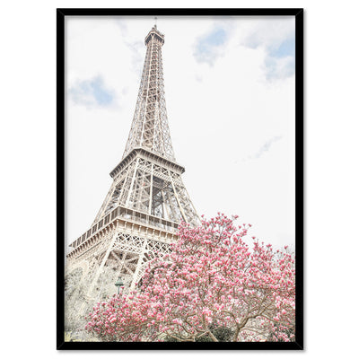 Eiffel Tower Paris | Cherry Blossom II - Art Print by Victoria's Stories, Poster, Stretched Canvas, or Framed Wall Art Print, shown in a black frame