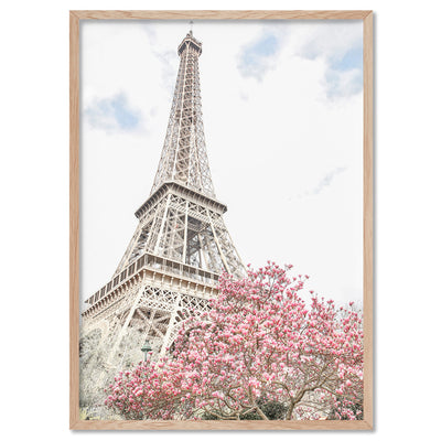 Eiffel Tower Paris | Cherry Blossom II - Art Print by Victoria's Stories, Poster, Stretched Canvas, or Framed Wall Art Print, shown in a natural timber frame
