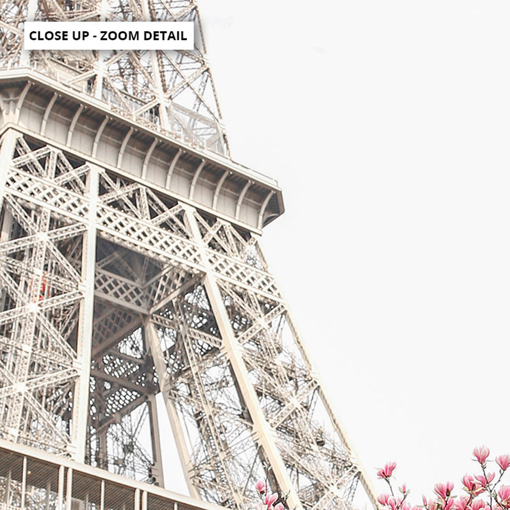 Eiffel Tower Paris | Cherry Blossom II - Art Print by Victoria's Stories, Poster, Stretched Canvas or Framed Wall Art, Close up View of Print Resolution