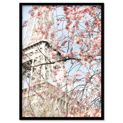 Eiffel Tower Paris | Cherry Blossom III - Art Print by Victoria's Stories, Poster, Stretched Canvas, or Framed Wall Art Print, shown in a black frame