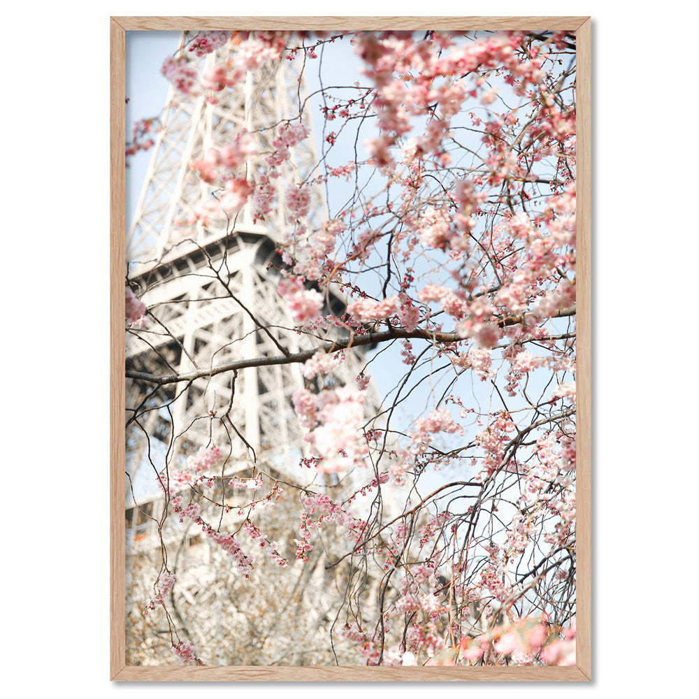 Eiffel Tower Paris | Cherry Blossom III - Art Print by Victoria's Stories, Poster, Stretched Canvas, or Framed Wall Art Print, shown in a natural timber frame
