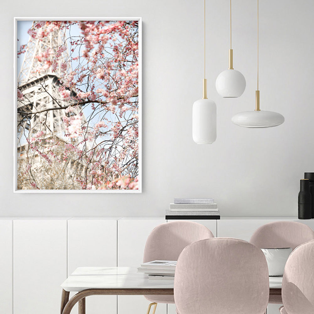 Eiffel Tower Paris | Cherry Blossom III - Art Print by Victoria's Stories, Poster, Stretched Canvas or Framed Wall Art Prints, shown framed in a room