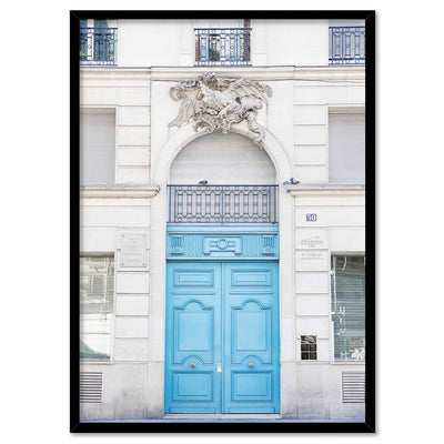 Blue Door Paris - Art Print by Victoria's Stories, Poster, Stretched Canvas, or Framed Wall Art Print, shown in a black frame
