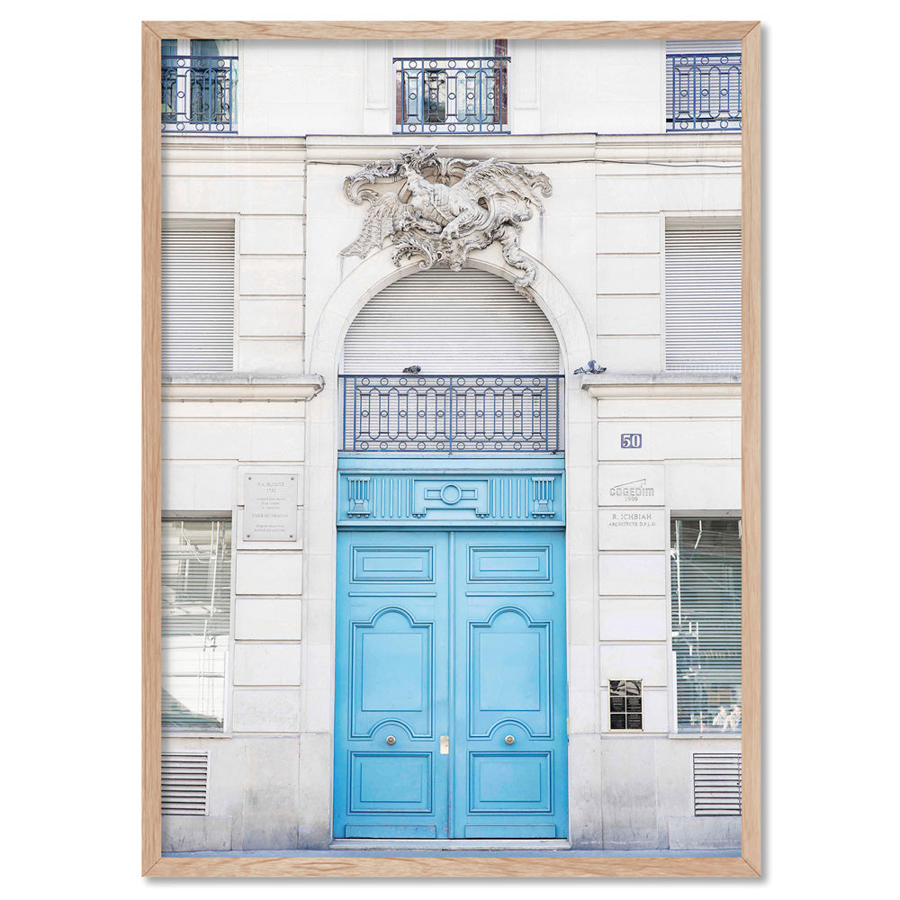 Blue Door Paris - Art Print by Victoria's Stories, Poster, Stretched Canvas, or Framed Wall Art Print, shown in a natural timber frame