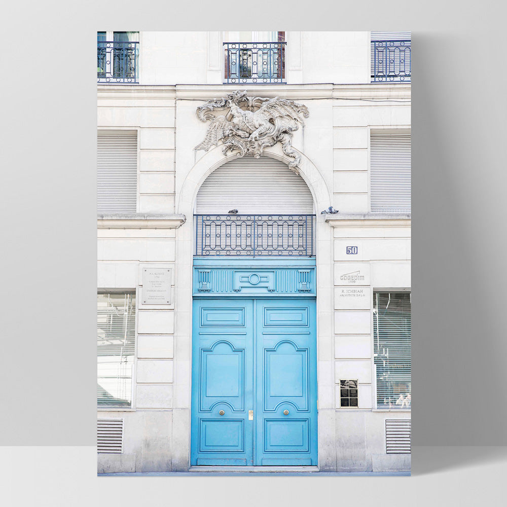 Blue Door Paris - Art Print by Victoria's Stories, Poster, Stretched Canvas, or Framed Wall Art Print, shown as a stretched canvas or poster without a frame
