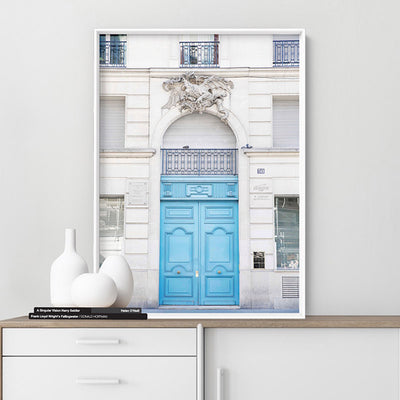 Blue Door Paris - Art Print by Victoria's Stories, Poster, Stretched Canvas or Framed Wall Art Prints, shown framed in a room