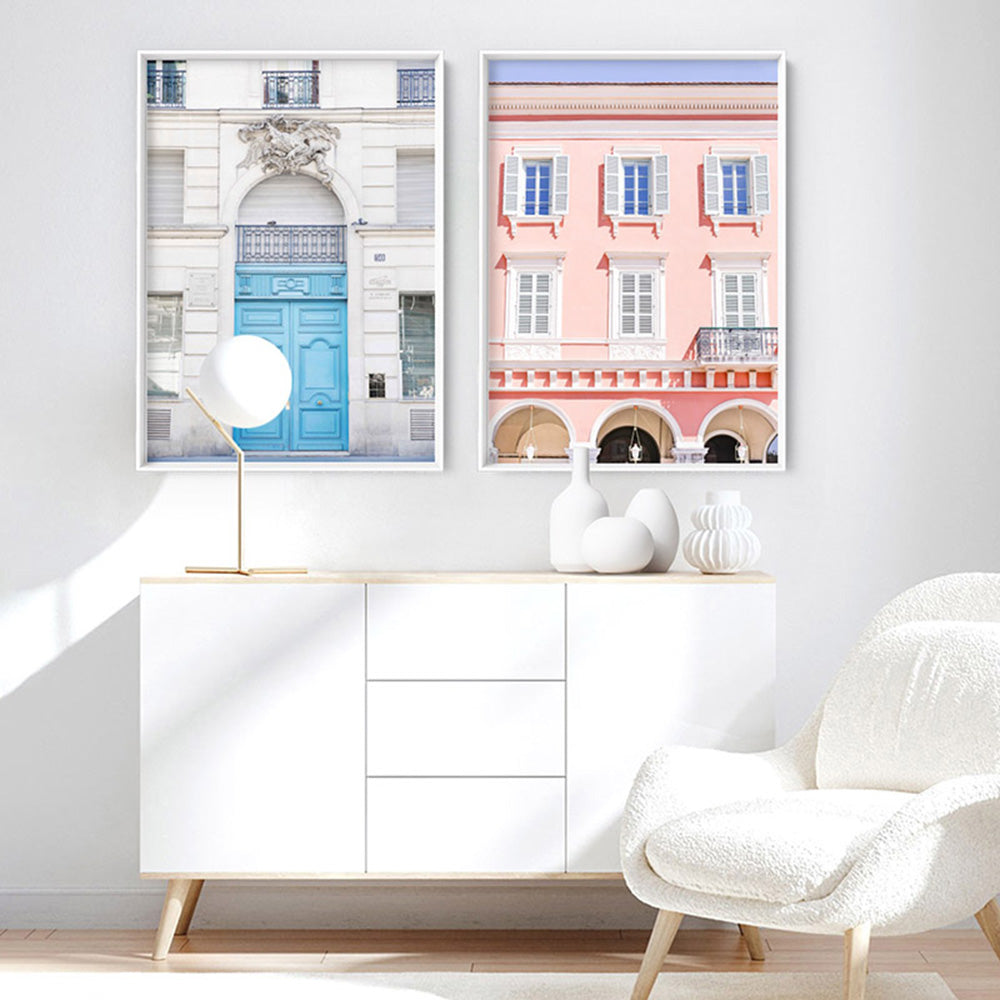 Blue Door Paris - Art Print by Victoria's Stories, Poster, Stretched Canvas or Framed Wall Art, shown framed in a home interior space