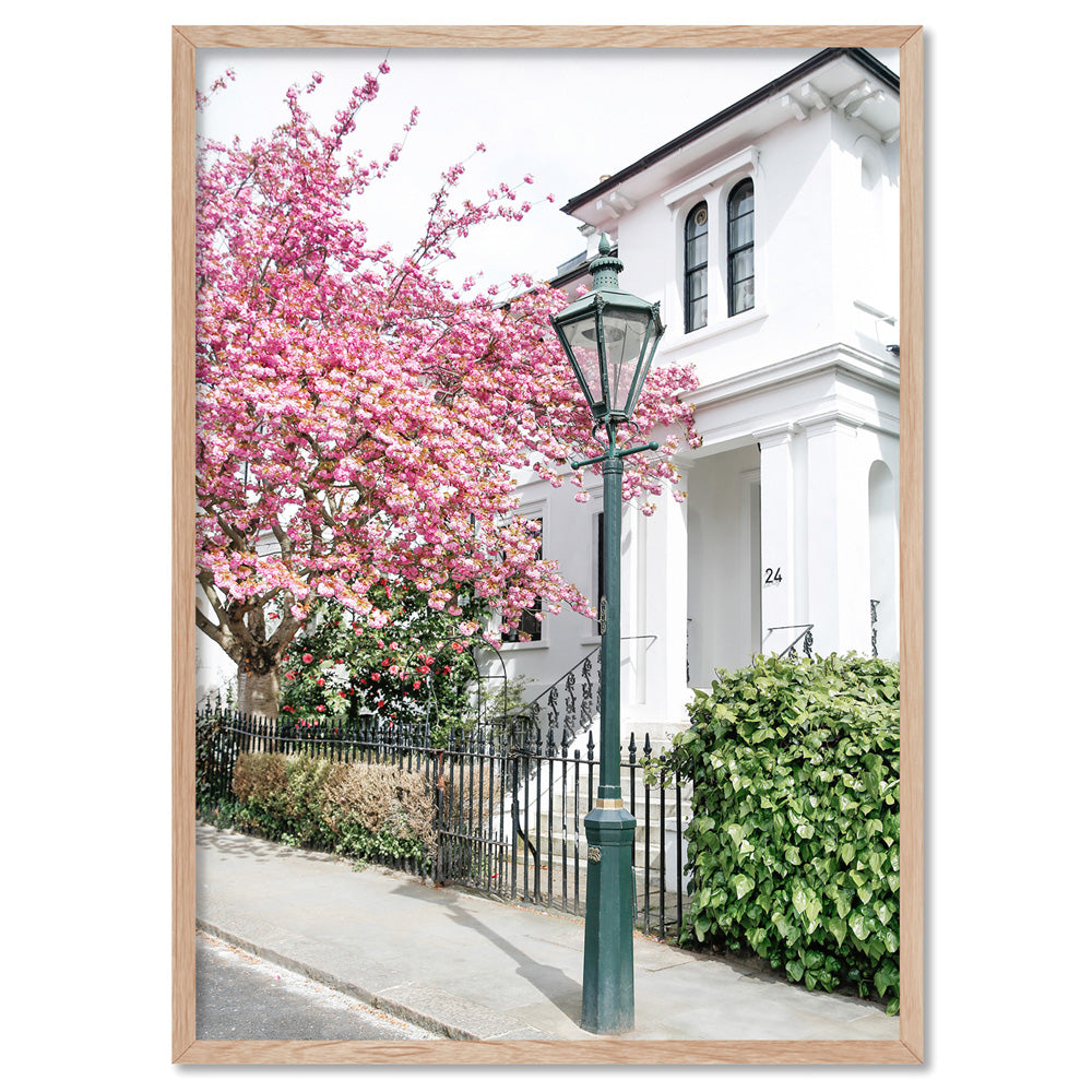 Cherry Blossoms in London I - Art Print by Victoria's Stories, Poster, Stretched Canvas, or Framed Wall Art Print, shown in a natural timber frame