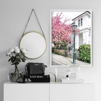 Cherry Blossoms in London I - Art Print by Victoria's Stories, Poster, Stretched Canvas or Framed Wall Art Prints, shown framed in a room
