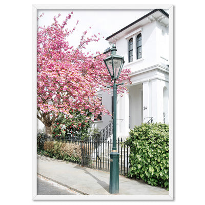 Cherry Blossoms in London I - Art Print by Victoria's Stories, Poster, Stretched Canvas, or Framed Wall Art Print, shown in a white frame