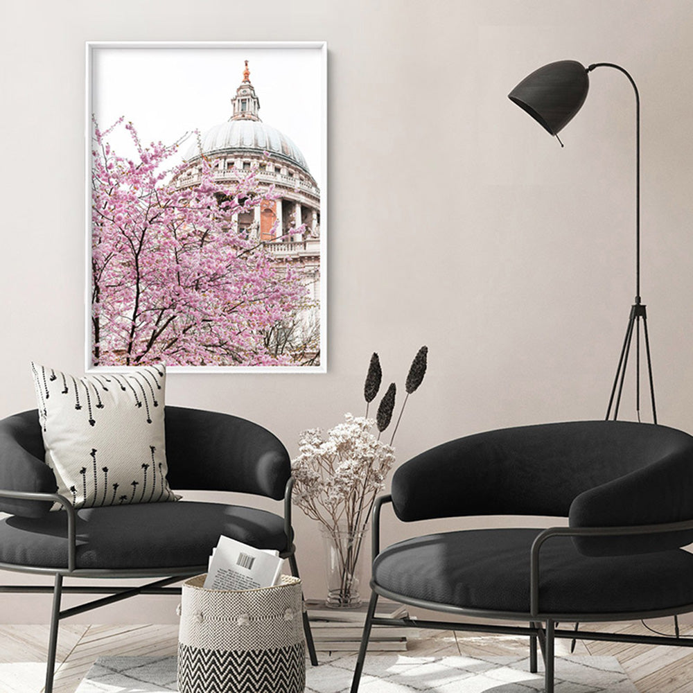 St Paul's Cathedral in Spring - Art Print by Victoria's Stories, Poster, Stretched Canvas or Framed Wall Art Prints, shown framed in a room