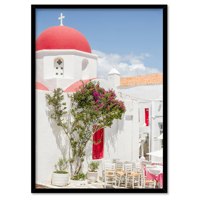 Santorini in Spring | Red Dome Church - Art Print by Victoria's Stories, Poster, Stretched Canvas, or Framed Wall Art Print, shown in a black frame
