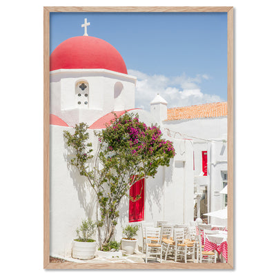 Santorini in Spring | Red Dome Church - Art Print by Victoria's Stories, Poster, Stretched Canvas, or Framed Wall Art Print, shown in a natural timber frame