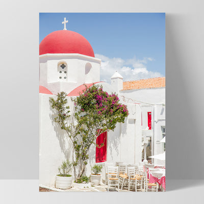 Santorini in Spring | Red Dome Church - Art Print by Victoria's Stories, Poster, Stretched Canvas, or Framed Wall Art Print, shown as a stretched canvas or poster without a frame