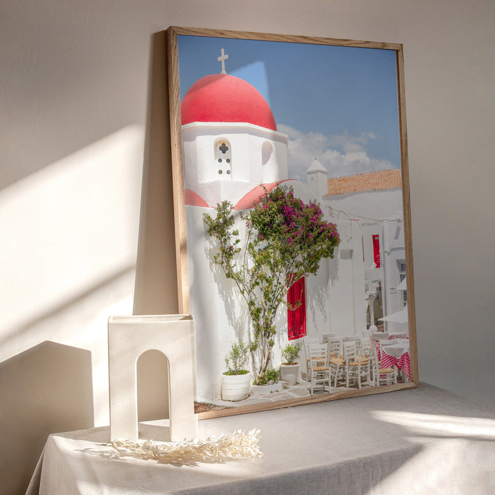 Santorini in Spring | Red Dome Church - Art Print by Victoria's Stories, Poster, Stretched Canvas or Framed Wall Art Prints, shown framed in a room