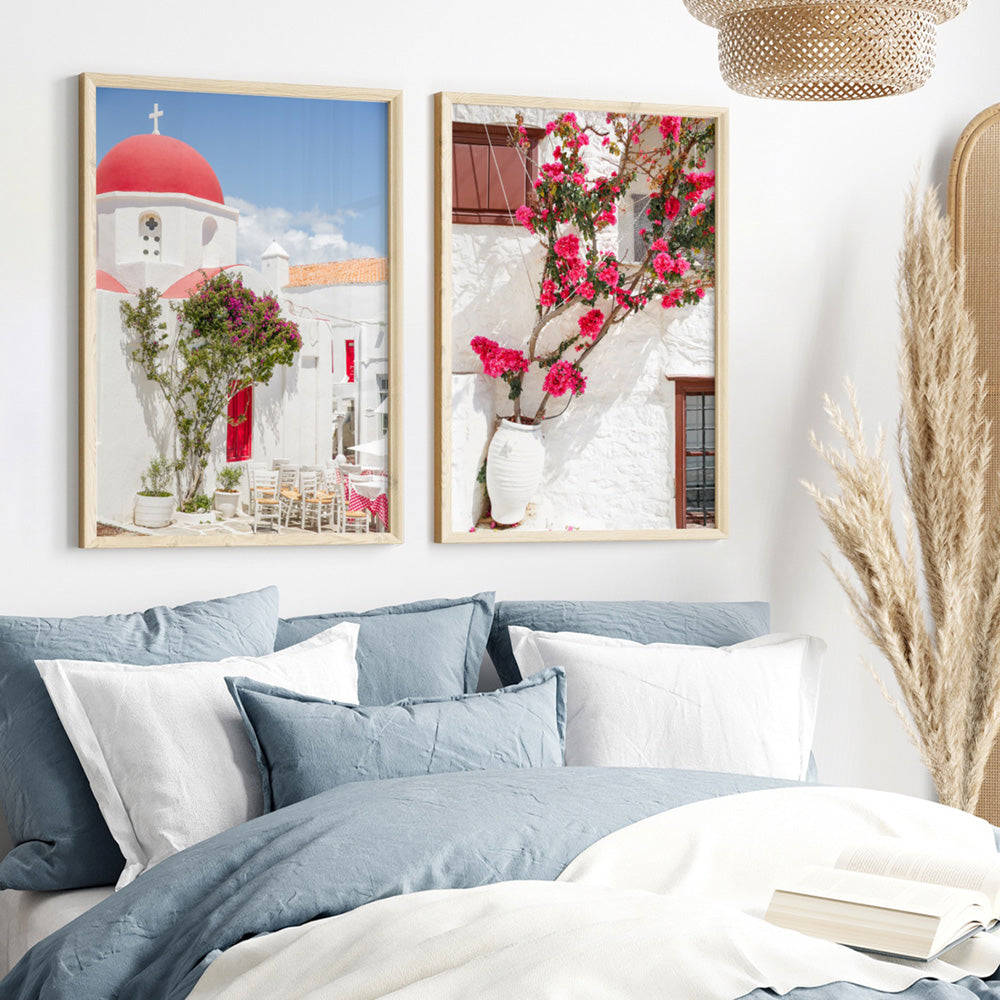Santorini in Spring | Red Dome Church - Art Print by Victoria's Stories, Poster, Stretched Canvas or Framed Wall Art, shown framed in a home interior space