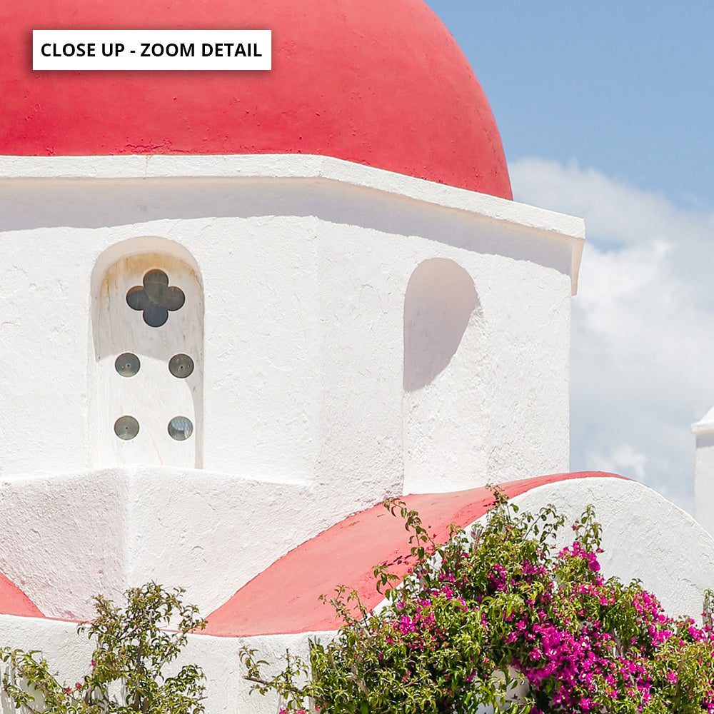 Santorini in Spring | Red Dome Church - Art Print by Victoria's Stories, Poster, Stretched Canvas or Framed Wall Art, Close up View of Print Resolution