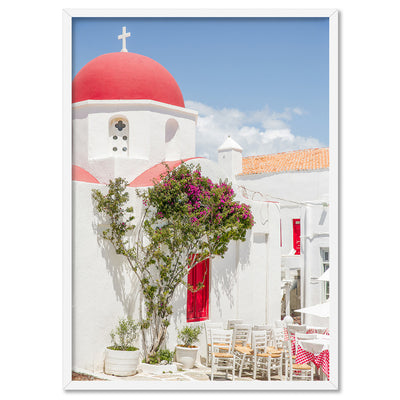 Santorini in Spring | Red Dome Church - Art Print by Victoria's Stories, Poster, Stretched Canvas, or Framed Wall Art Print, shown in a white frame