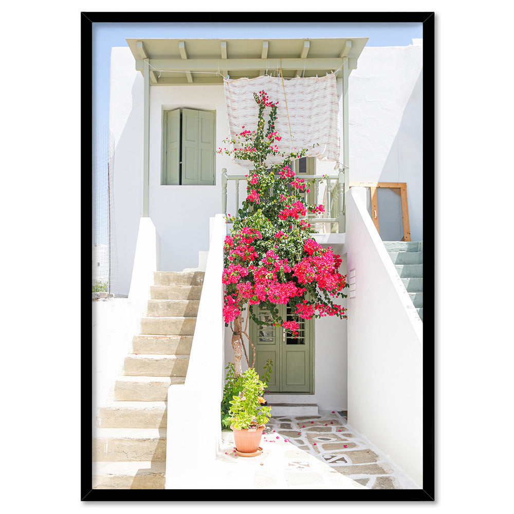Santorini in Spring | White Villa I - Art Print by Victoria's Stories, Poster, Stretched Canvas, or Framed Wall Art Print, shown in a black frame
