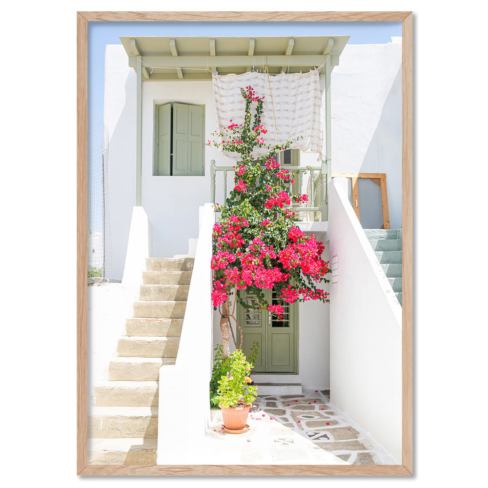 Santorini in Spring | White Villa I - Art Print by Victoria's Stories, Poster, Stretched Canvas, or Framed Wall Art Print, shown in a natural timber frame