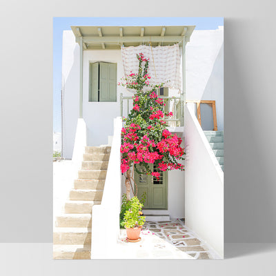Santorini in Spring | White Villa I - Art Print by Victoria's Stories, Poster, Stretched Canvas, or Framed Wall Art Print, shown as a stretched canvas or poster without a frame