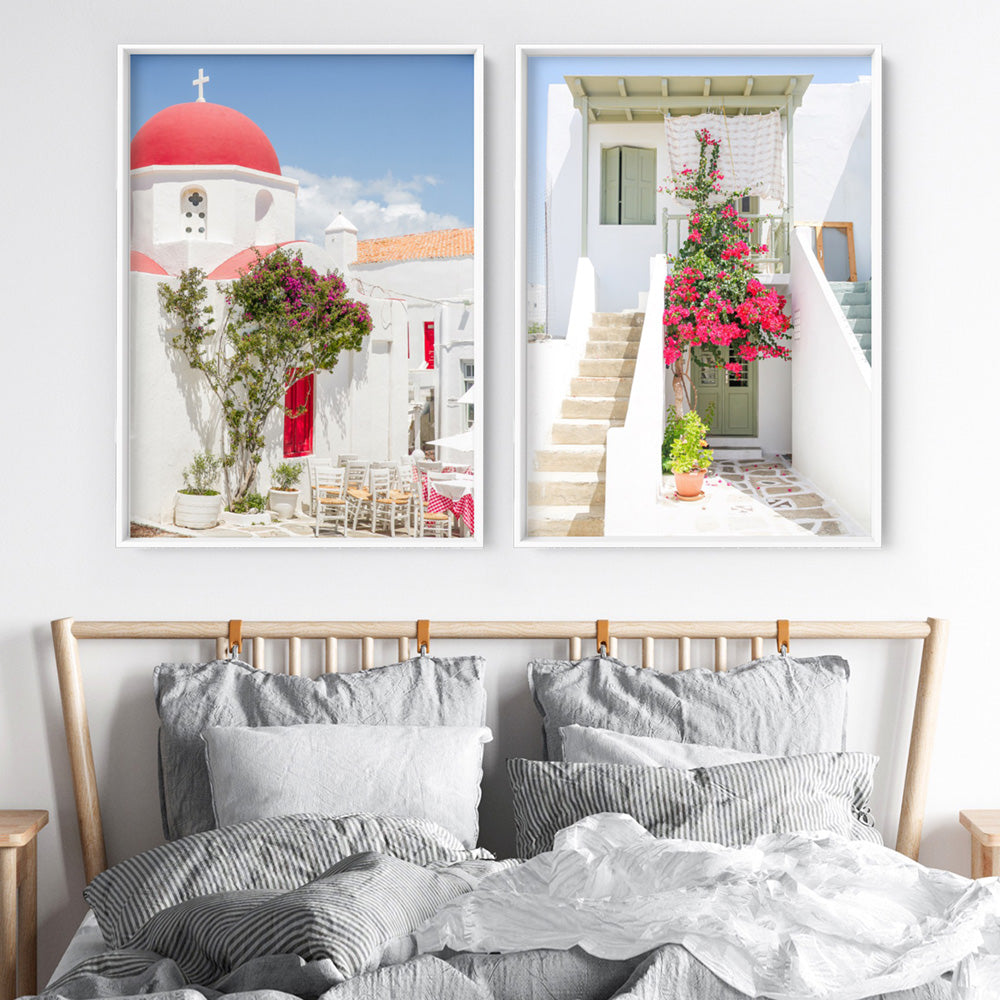 Santorini in Spring | White Villa I - Art Print by Victoria's Stories, Poster, Stretched Canvas or Framed Wall Art, shown framed in a home interior space