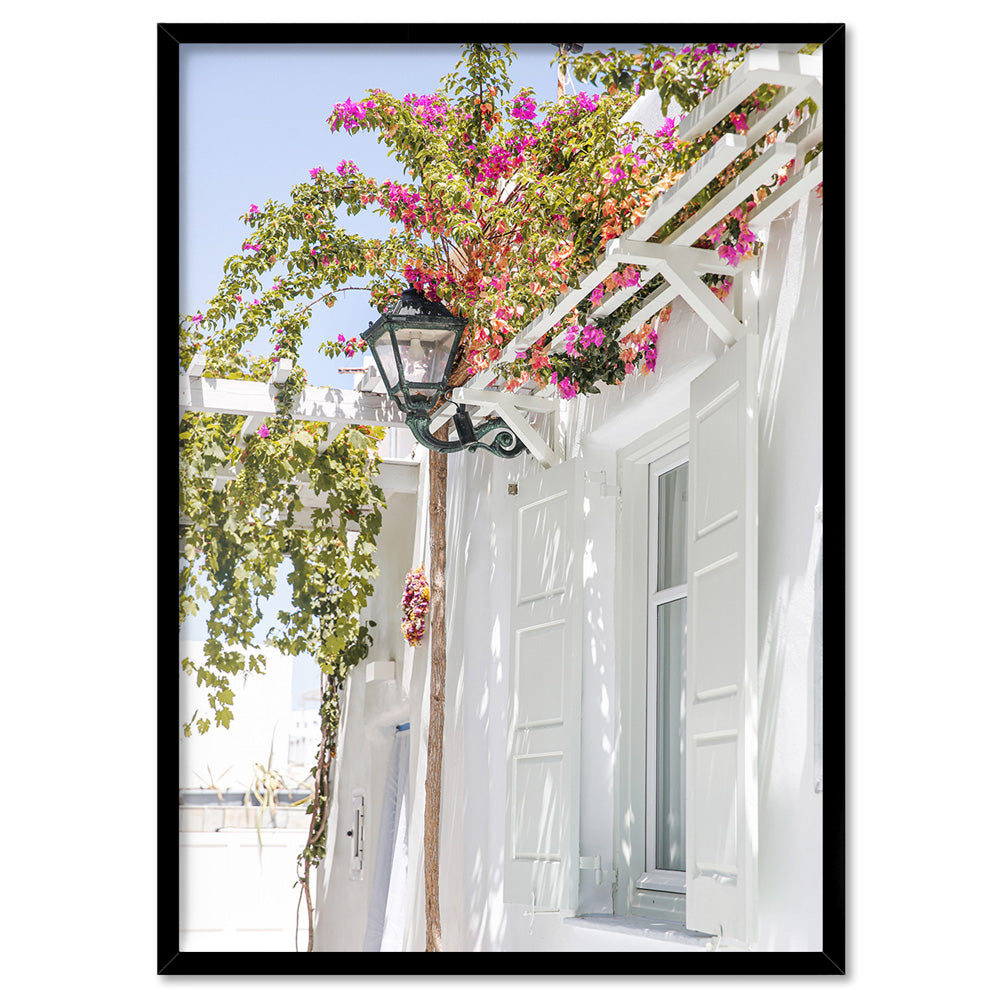 Santorini in Spring | White Villa II - Art Print by Victoria's Stories, Poster, Stretched Canvas, or Framed Wall Art Print, shown in a black frame