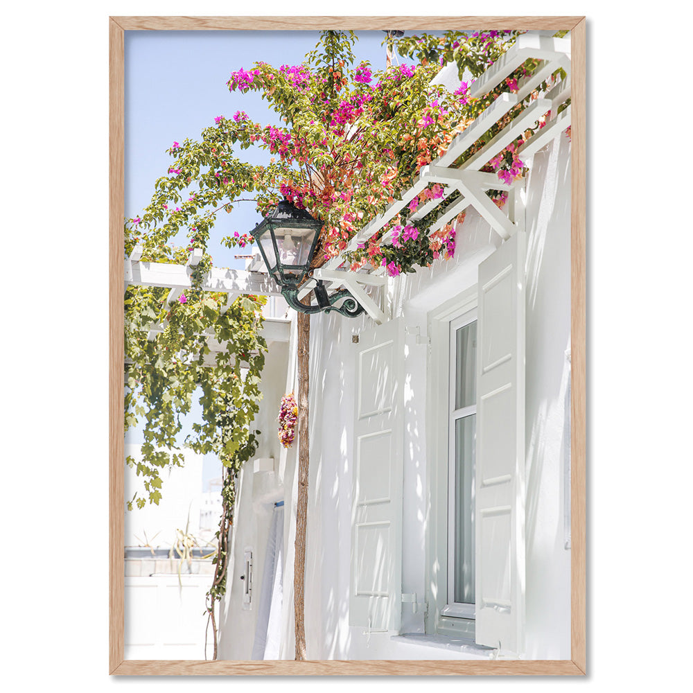 Santorini in Spring | White Villa II - Art Print by Victoria's Stories, Poster, Stretched Canvas, or Framed Wall Art Print, shown in a natural timber frame
