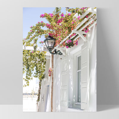 Santorini in Spring | White Villa II - Art Print by Victoria's Stories, Poster, Stretched Canvas, or Framed Wall Art Print, shown as a stretched canvas or poster without a frame