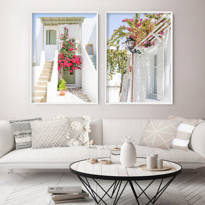 Santorini in Spring | White Villa II - Art Print by Victoria's Stories, Poster, Stretched Canvas or Framed Wall Art, shown framed in a home interior space