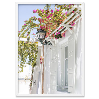 Santorini in Spring | White Villa II - Art Print by Victoria's Stories, Poster, Stretched Canvas, or Framed Wall Art Print, shown in a white frame