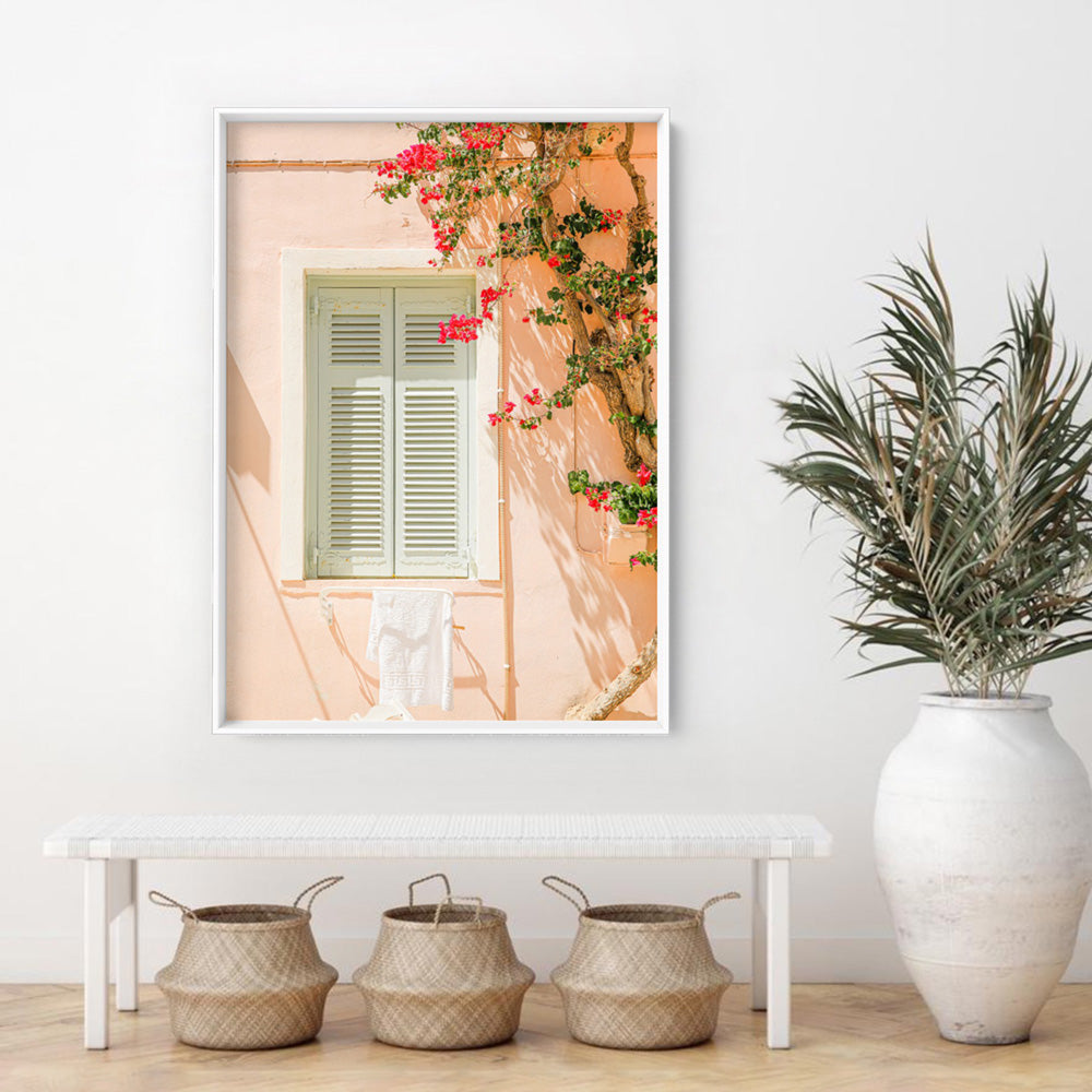 Santorini in Spring | Boho Pastel Villa I - Art Print by Victoria's Stories, Poster, Stretched Canvas or Framed Wall Art Prints, shown framed in a room