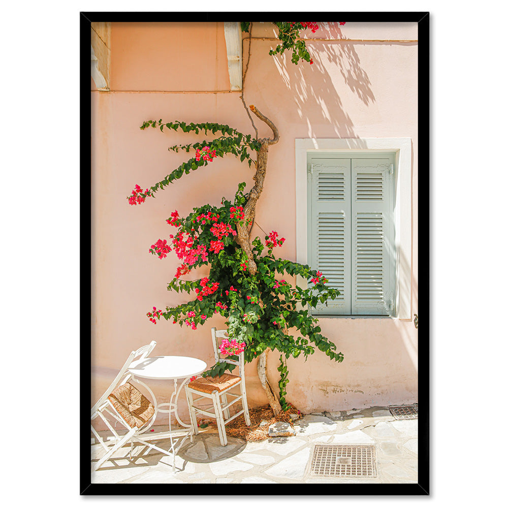 Santorini in Spring | Boho Pastel Villa II - Art Print by Victoria's Stories, Poster, Stretched Canvas, or Framed Wall Art Print, shown in a black frame