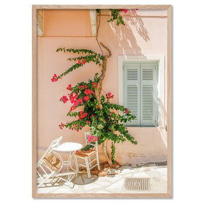 Santorini in Spring | Boho Pastel Villa II - Art Print by Victoria's Stories, Poster, Stretched Canvas, or Framed Wall Art Print, shown in a natural timber frame