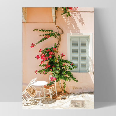 Santorini in Spring | Boho Pastel Villa II - Art Print by Victoria's Stories, Poster, Stretched Canvas, or Framed Wall Art Print, shown as a stretched canvas or poster without a frame